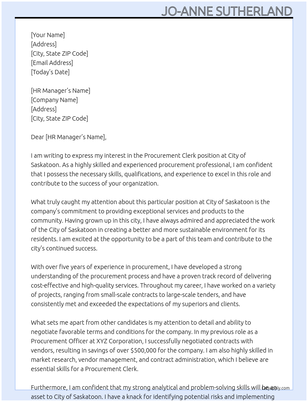 Procurement Clerk At City of Saskatoon Cover Letter