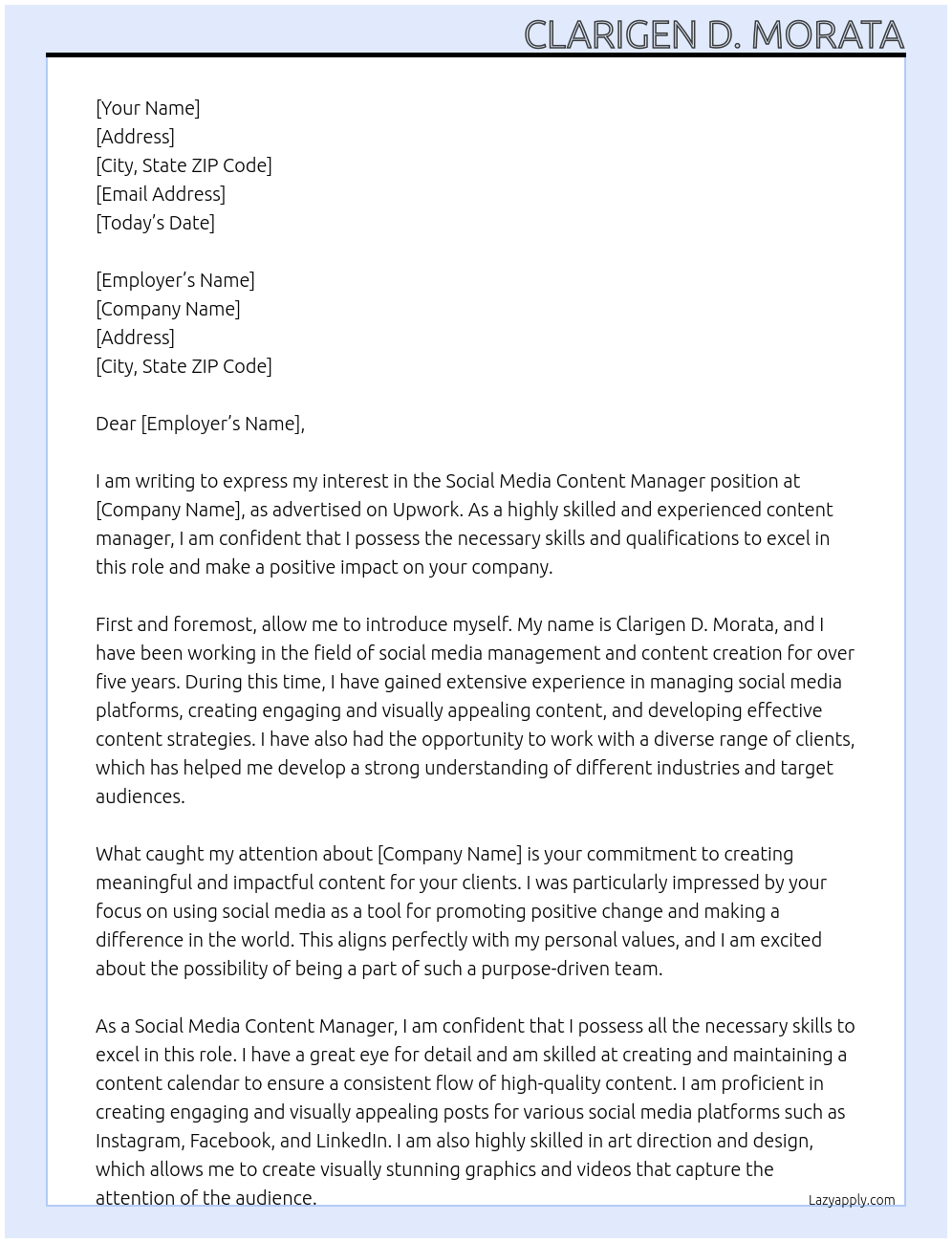 Social Media Content Manager At a hiring comapny in upwork Cover Letter