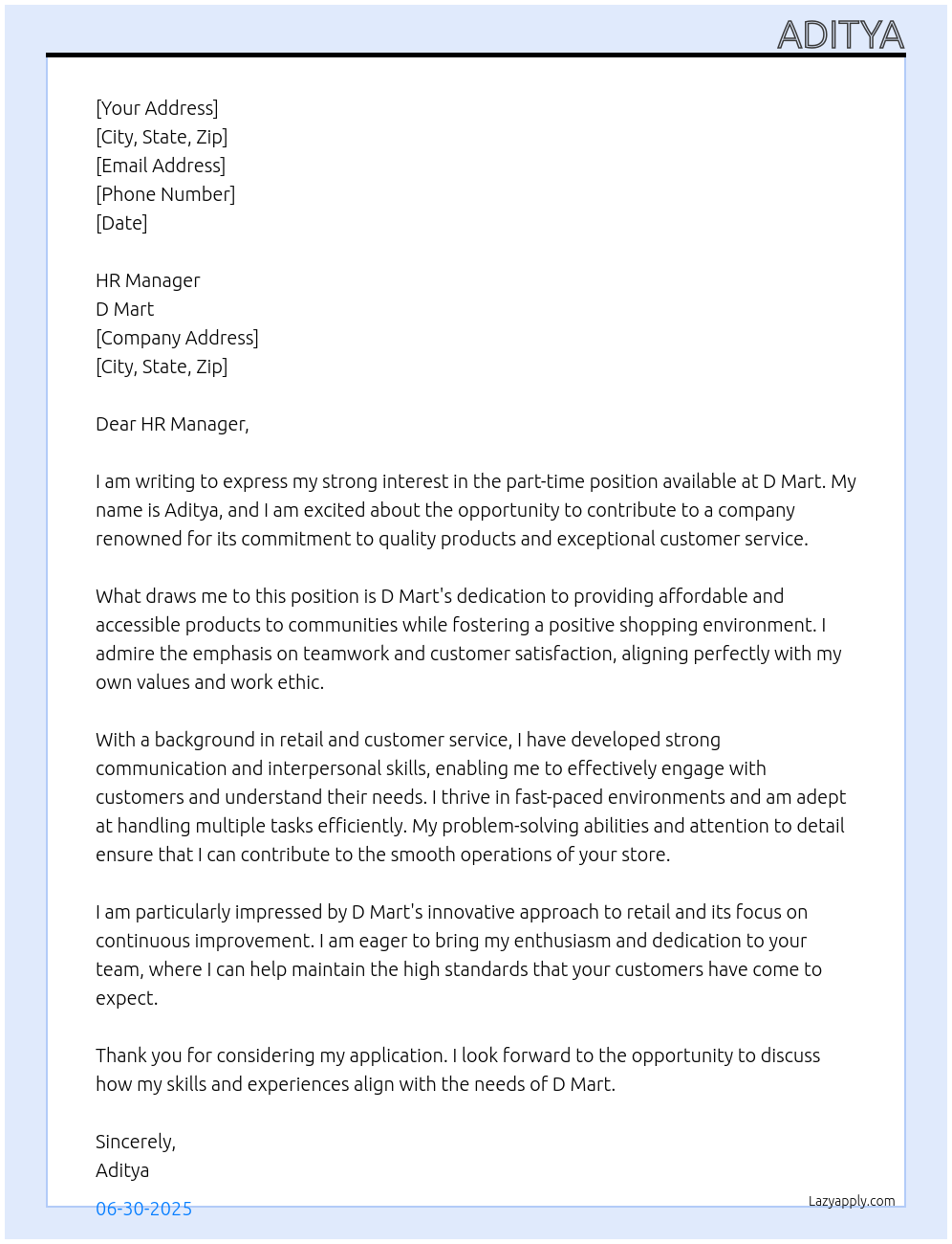 part time At D mart Cover Letter