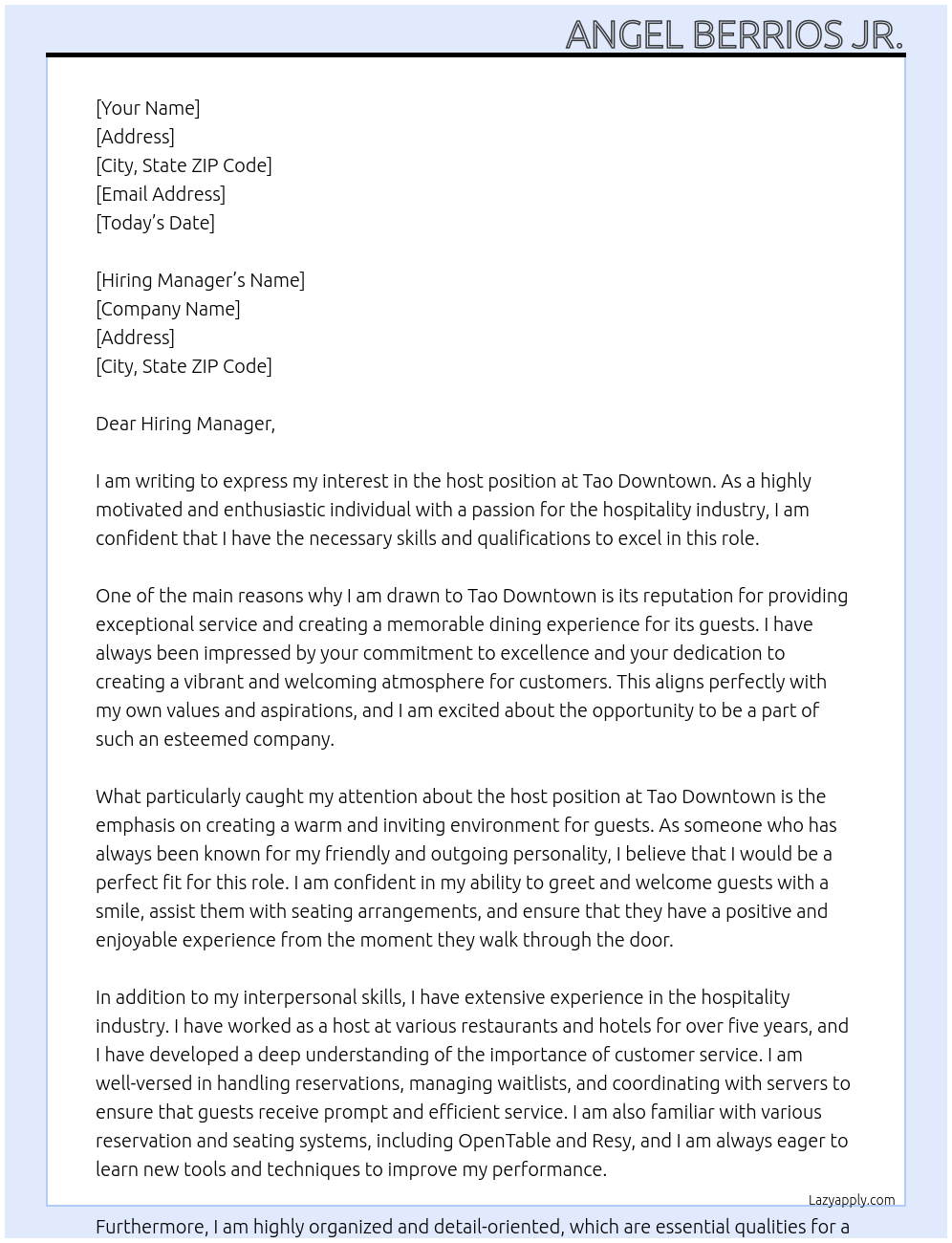 host At Tao Downtow Cover Letter