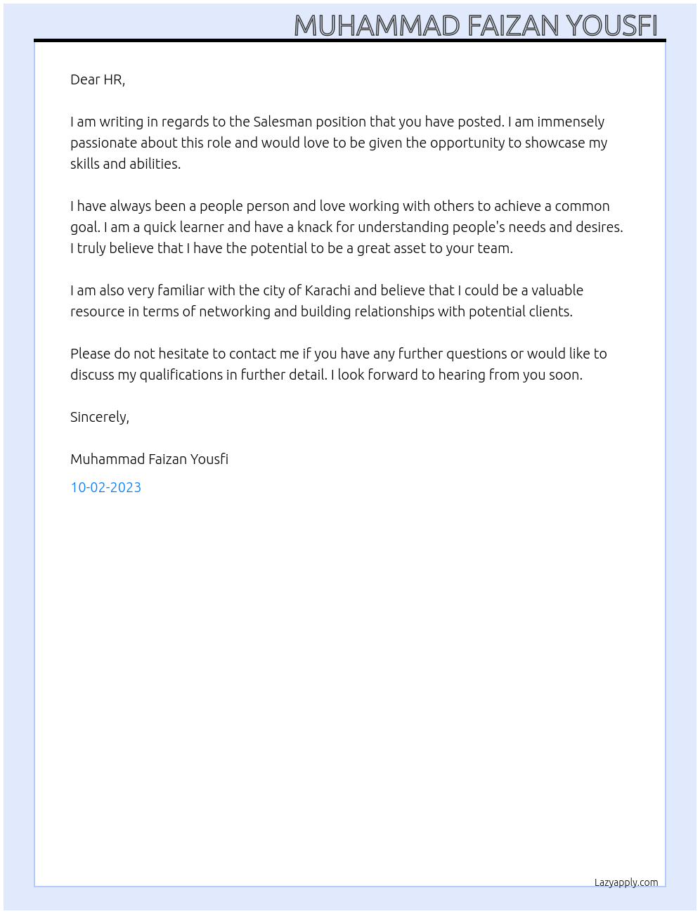 Sales man At HOB Cover Letter