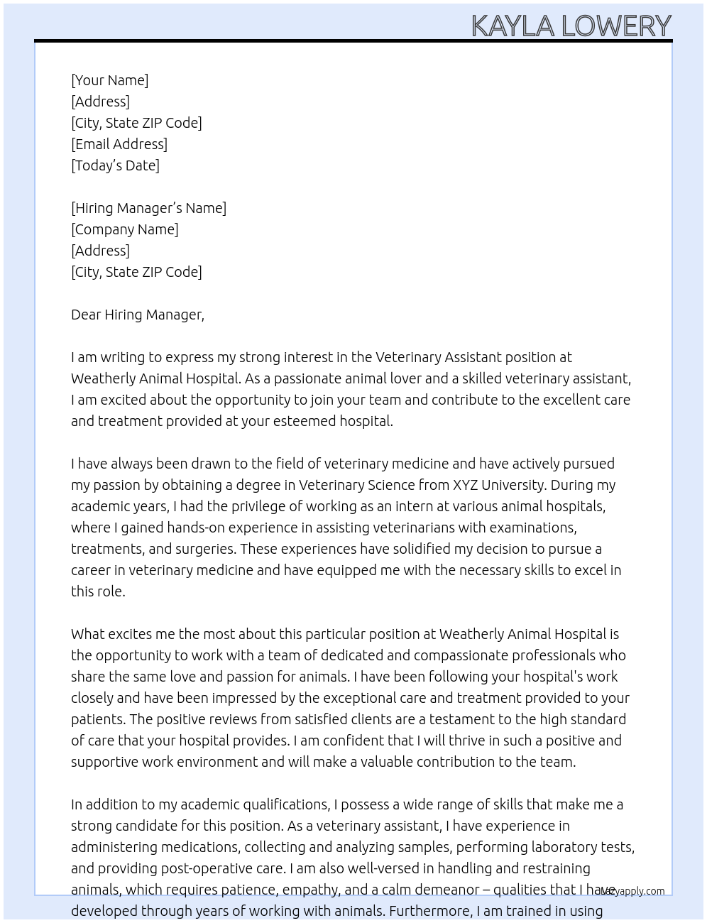 Veterinary Assistant At Weatherly Animal Hospital Cover Letter