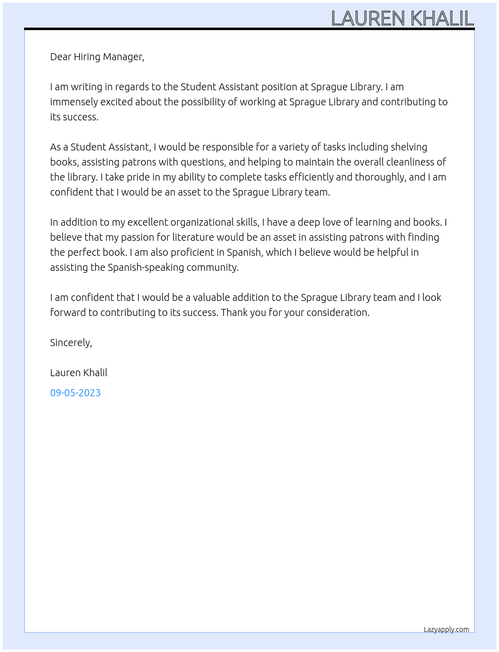 Student Assistant At Sprague Library Cover Letter