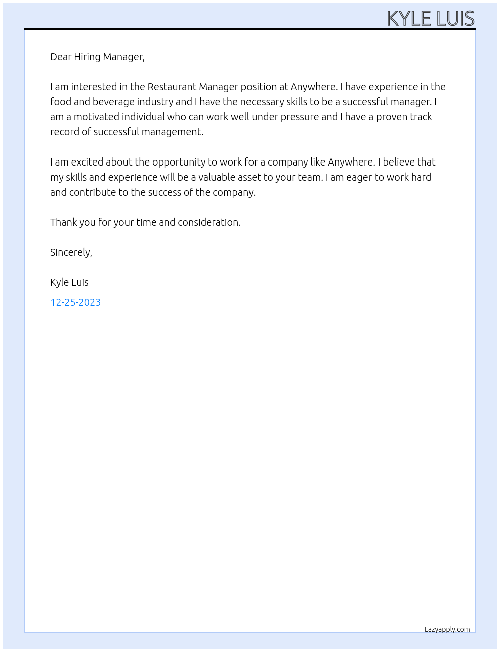 Restaurant Manager At anywhere Cover Letter