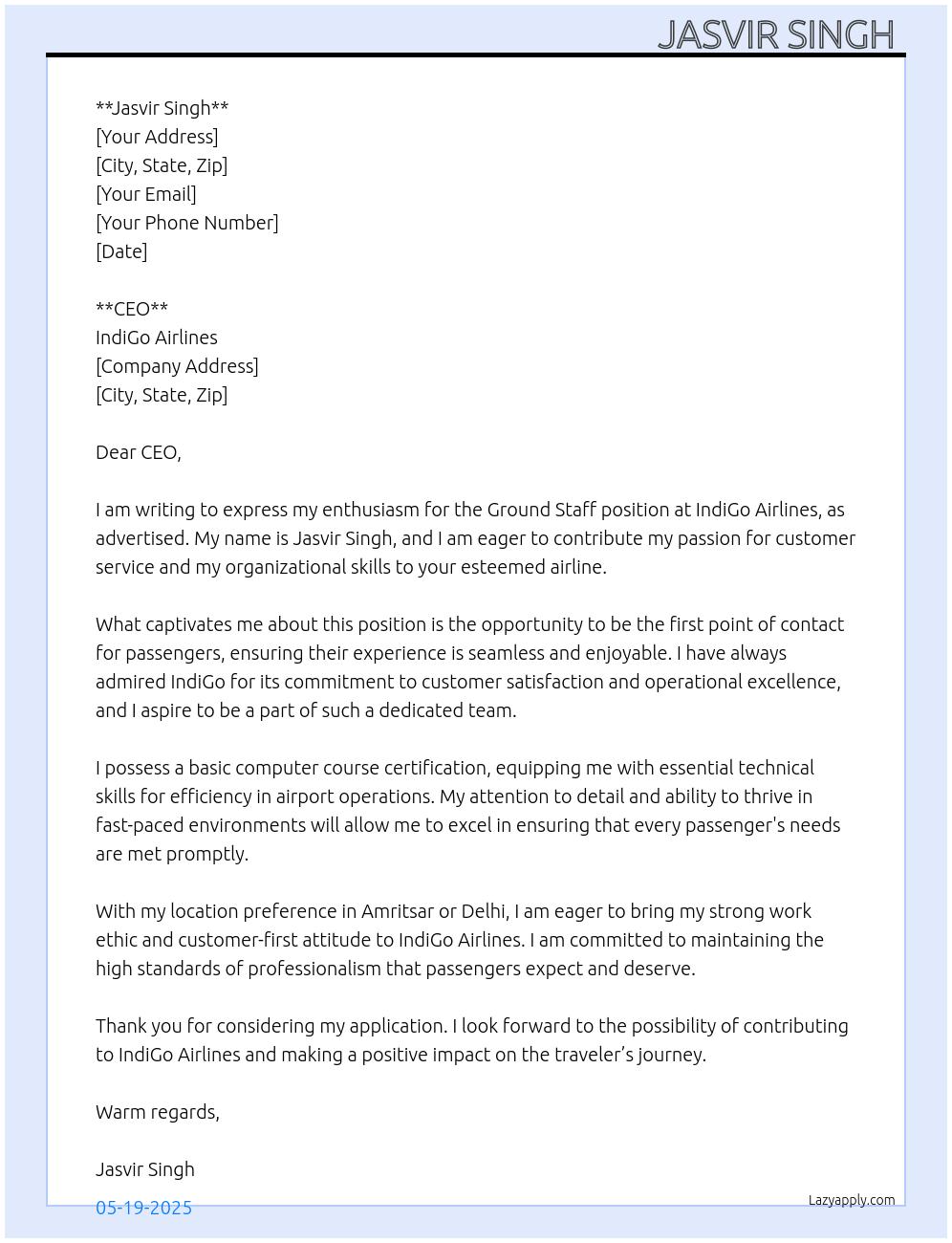 GROUND Staff At INDIGO AIRLINE Cover Letter