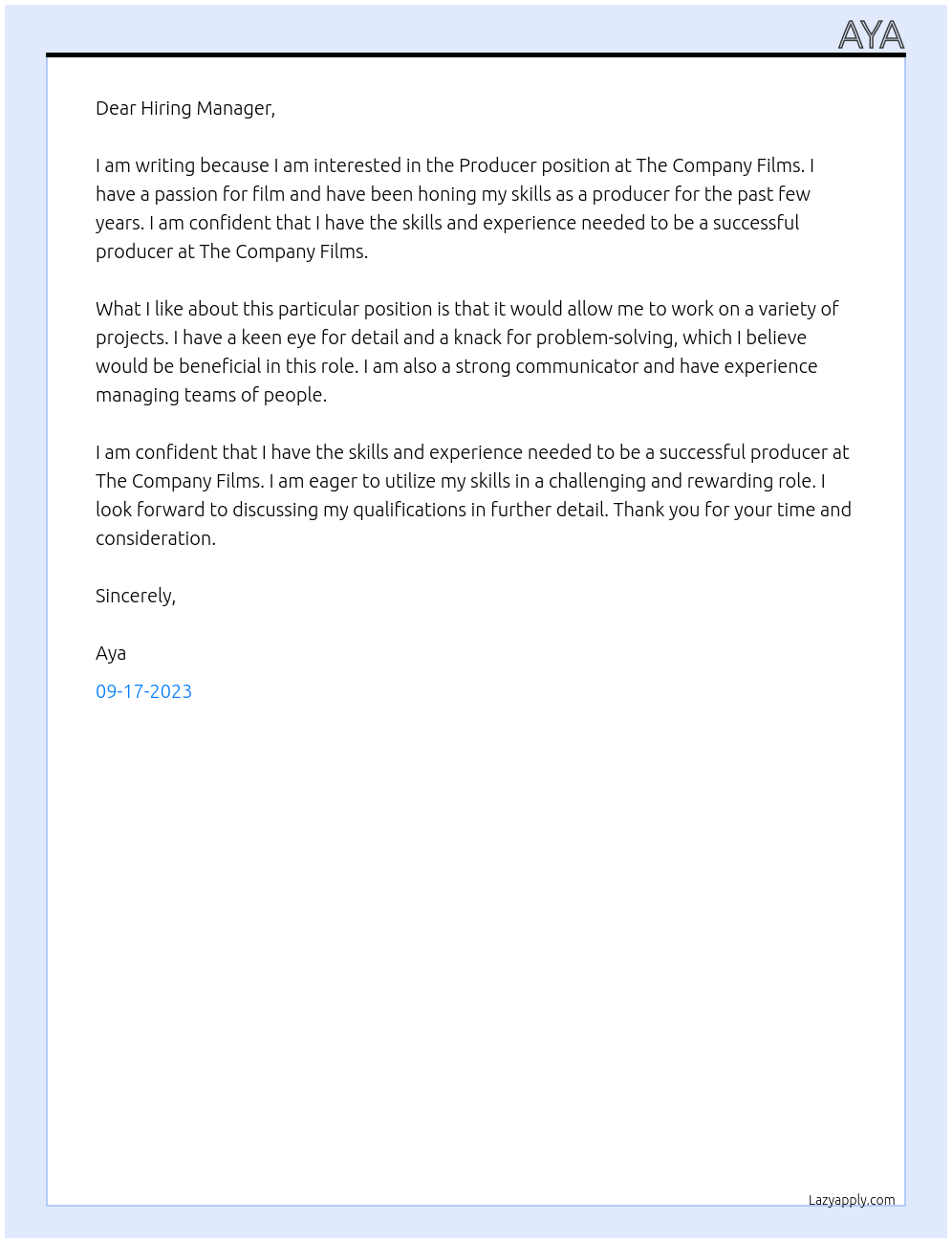 Producer At The company films  Cover Letter