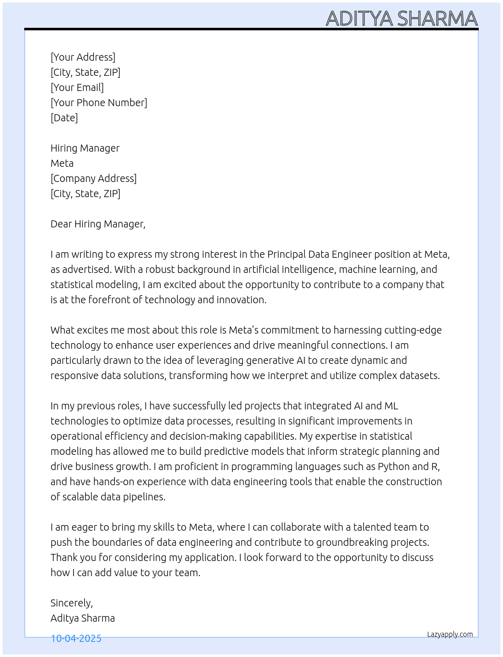 Principal Data Engineer At Meta Cover Letter