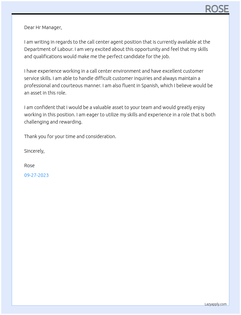 Call center Agent At Department of Labour Cover Letter