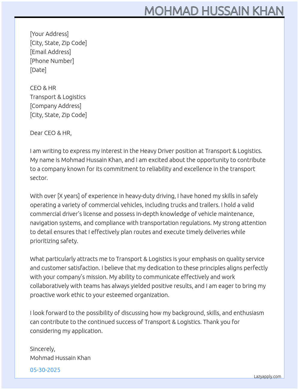 Heavy driver At Transport & logistics Cover Letter