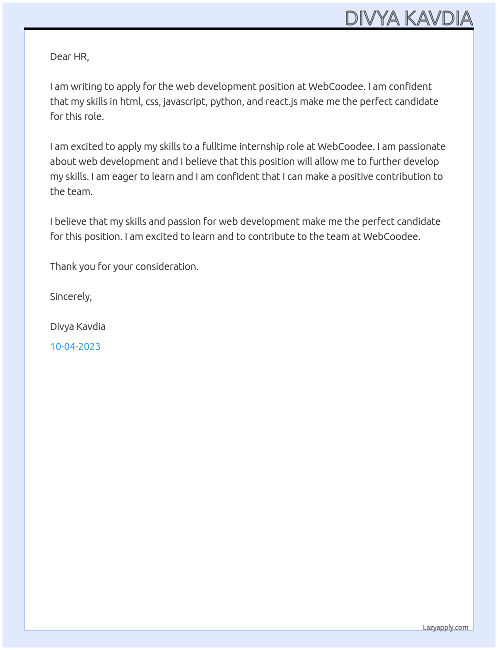 web development At WebCoodee Cover Letter