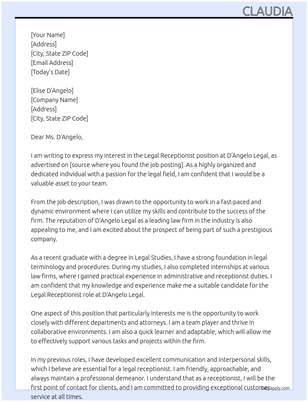 Legal Receptionist At D'Angelo Legal Cover Letter