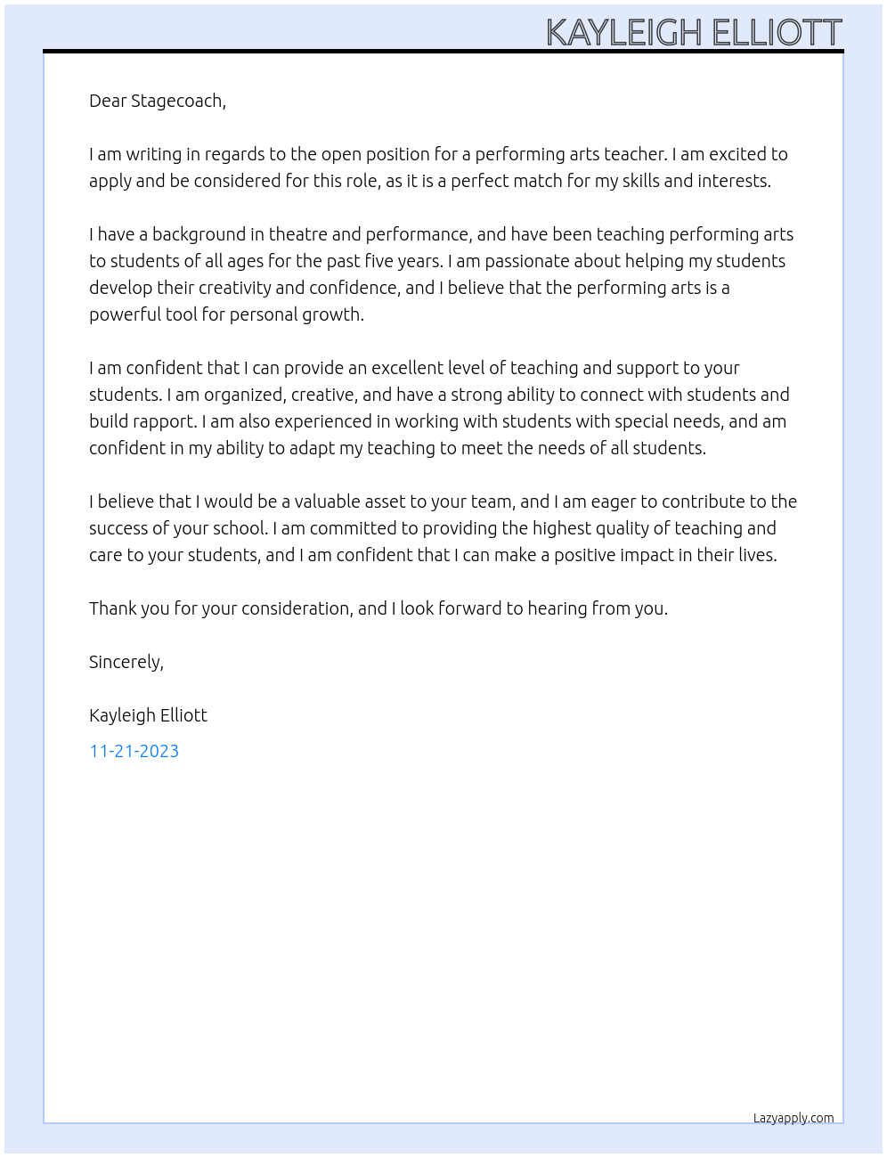 performing arts teacher At Stagecoach Cover Letter