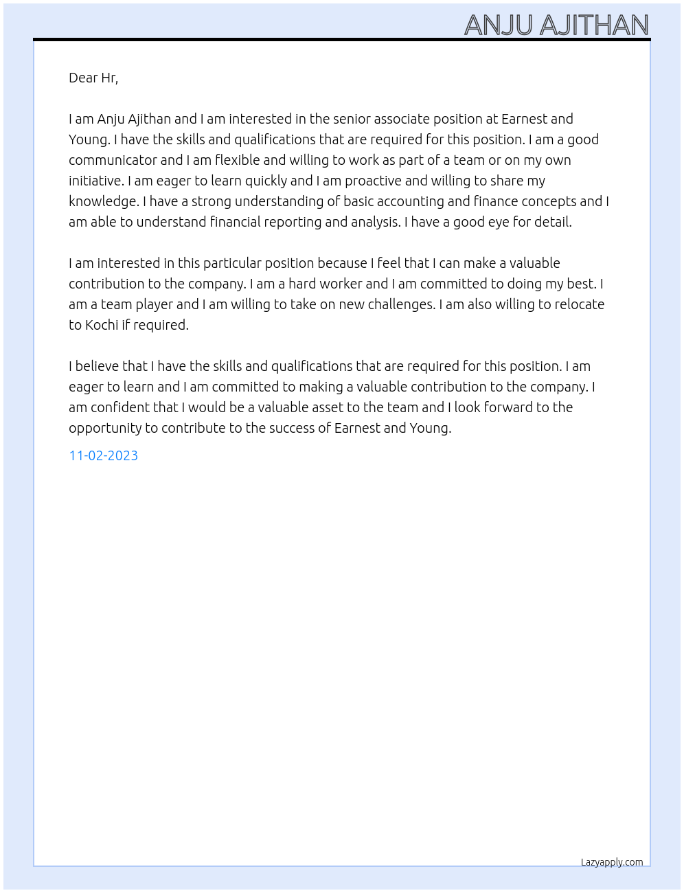 senior associate At earnest and yound Cover Letter