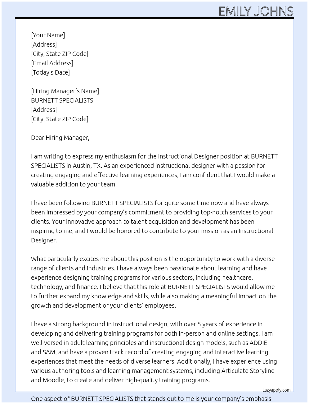 Instructional Designer At BURNETT SPECIALISTS Cover Letter