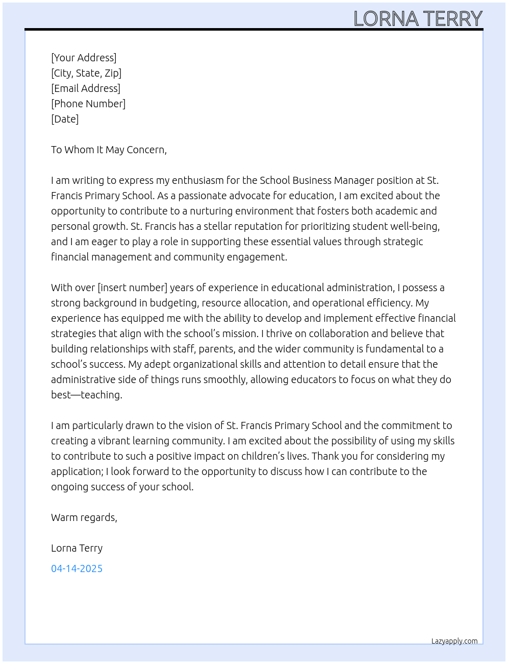 School Business Manager At St Francis Prmchool Cover Letter