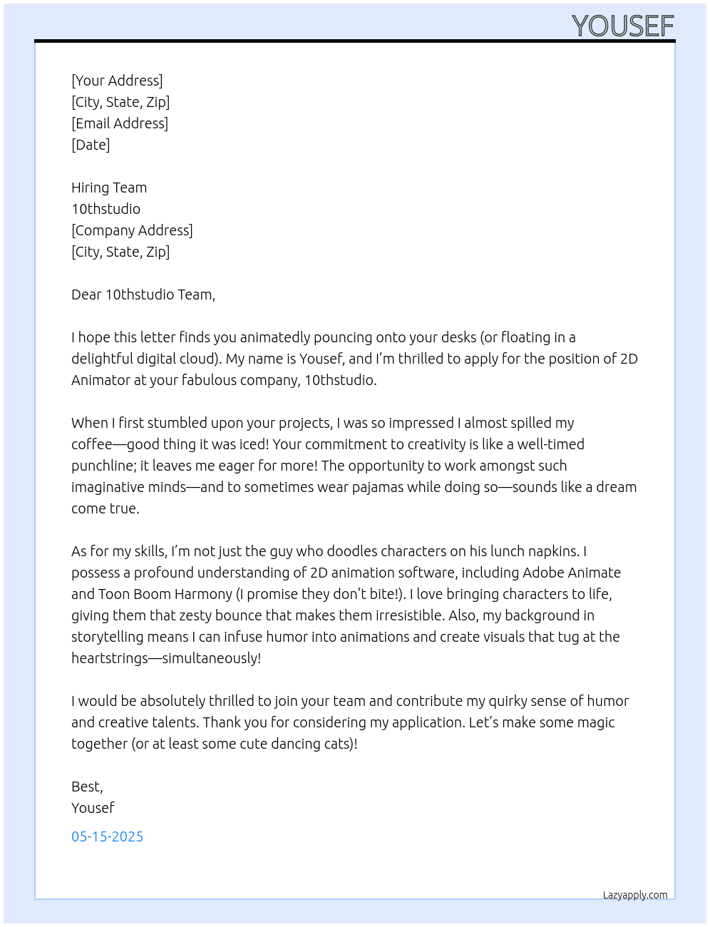 Cover letter for 2d animator - LazyApply