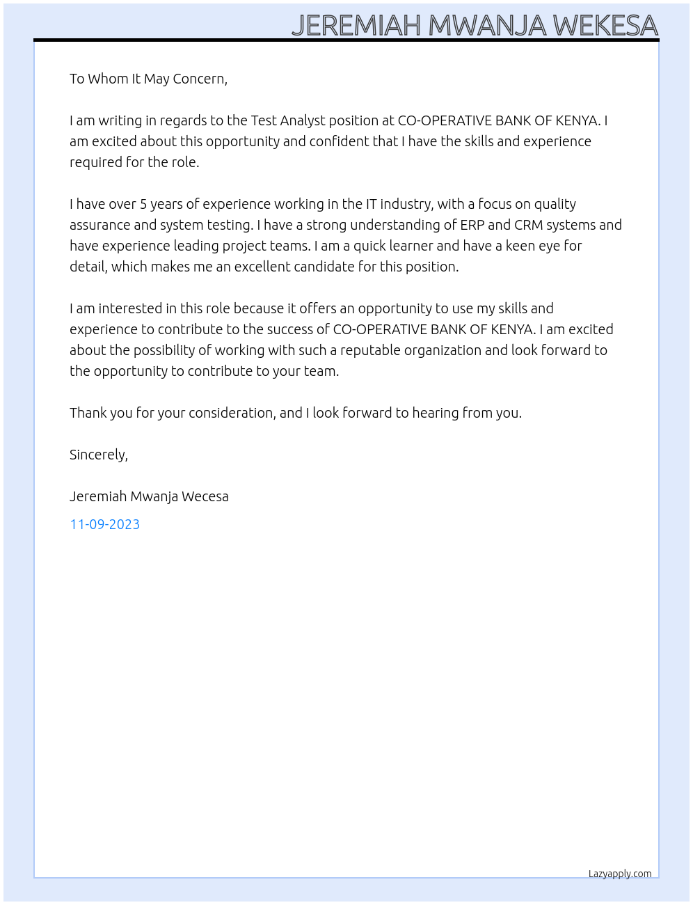 Test Analyst At CO-OPERATIVE BANK OF KENYA Cover Letter