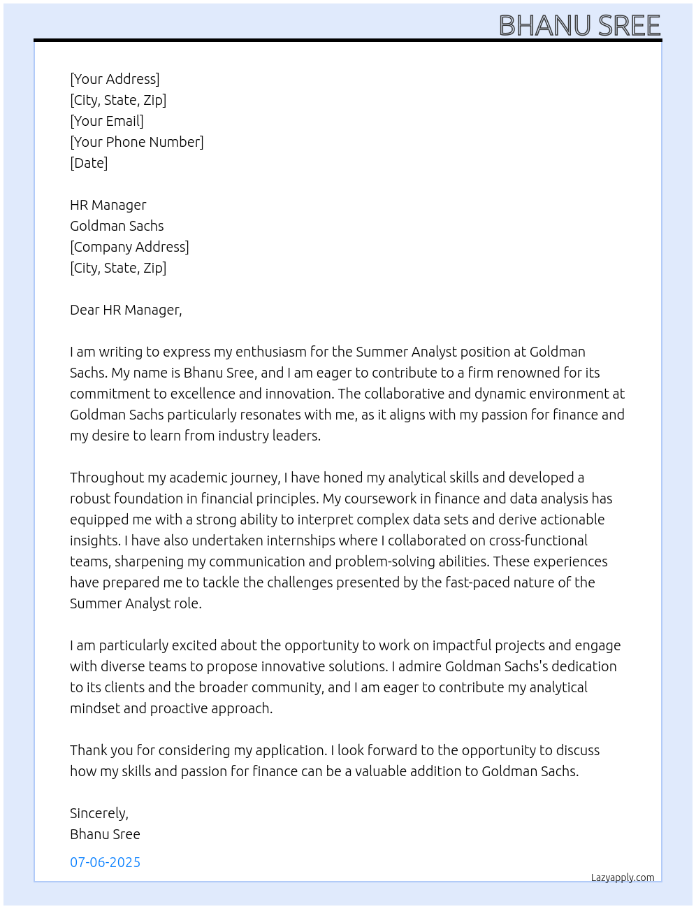 Summer analyst At Goldman Sachs Cover Letter