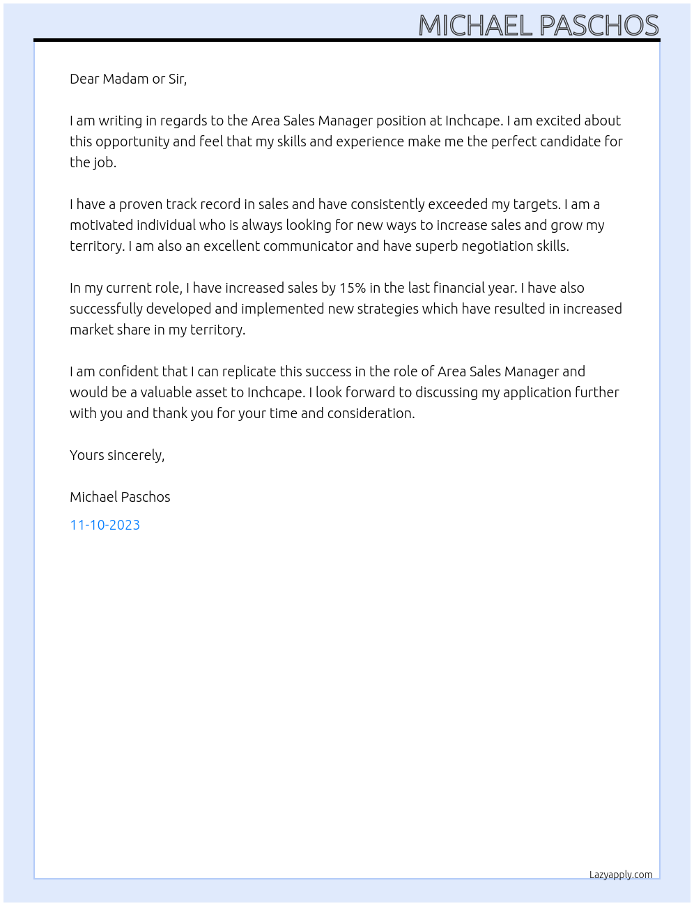 Area Sales Manager At Inchcape Cover Letter