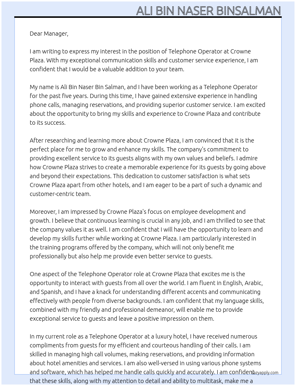 Telephone operator At Crowne Plaza Cover Letter