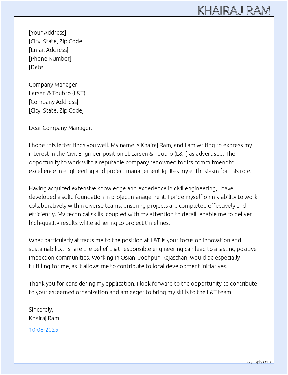 CIVIL ENGINEER At Larsen& Toubro (L&T) Cover Letter