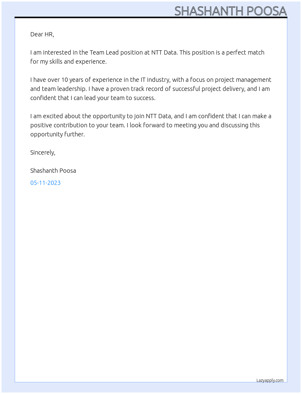 Team Lead At NTT Data Cover Letter