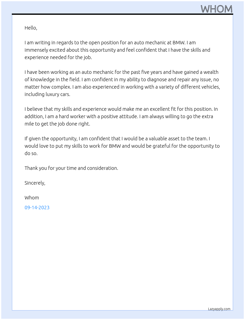 auto mechanic At Bmw Cover Letter