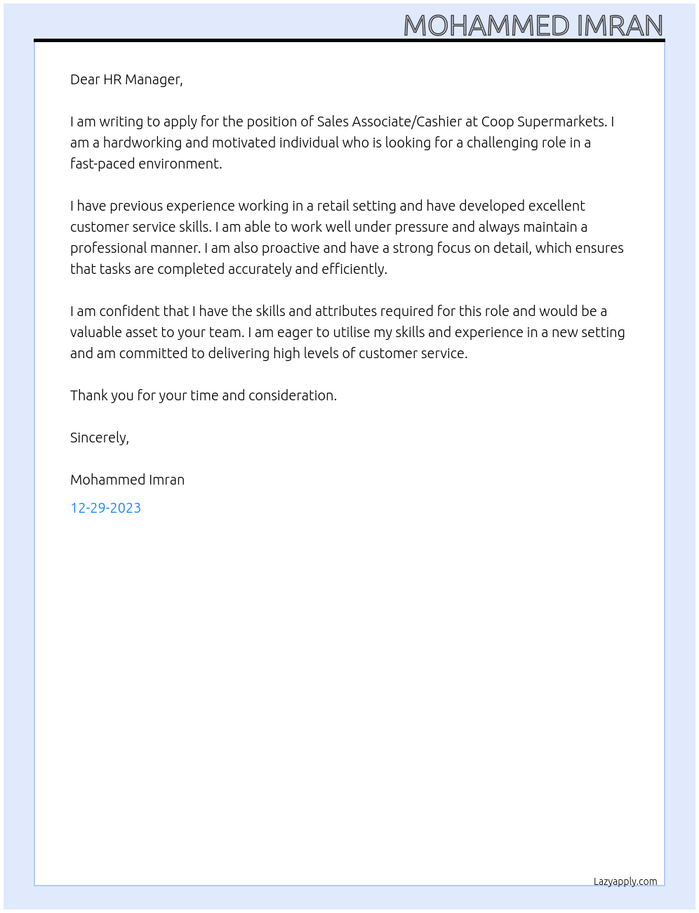 Sales associate/ cashier At Coop supermarkets Cover Letter