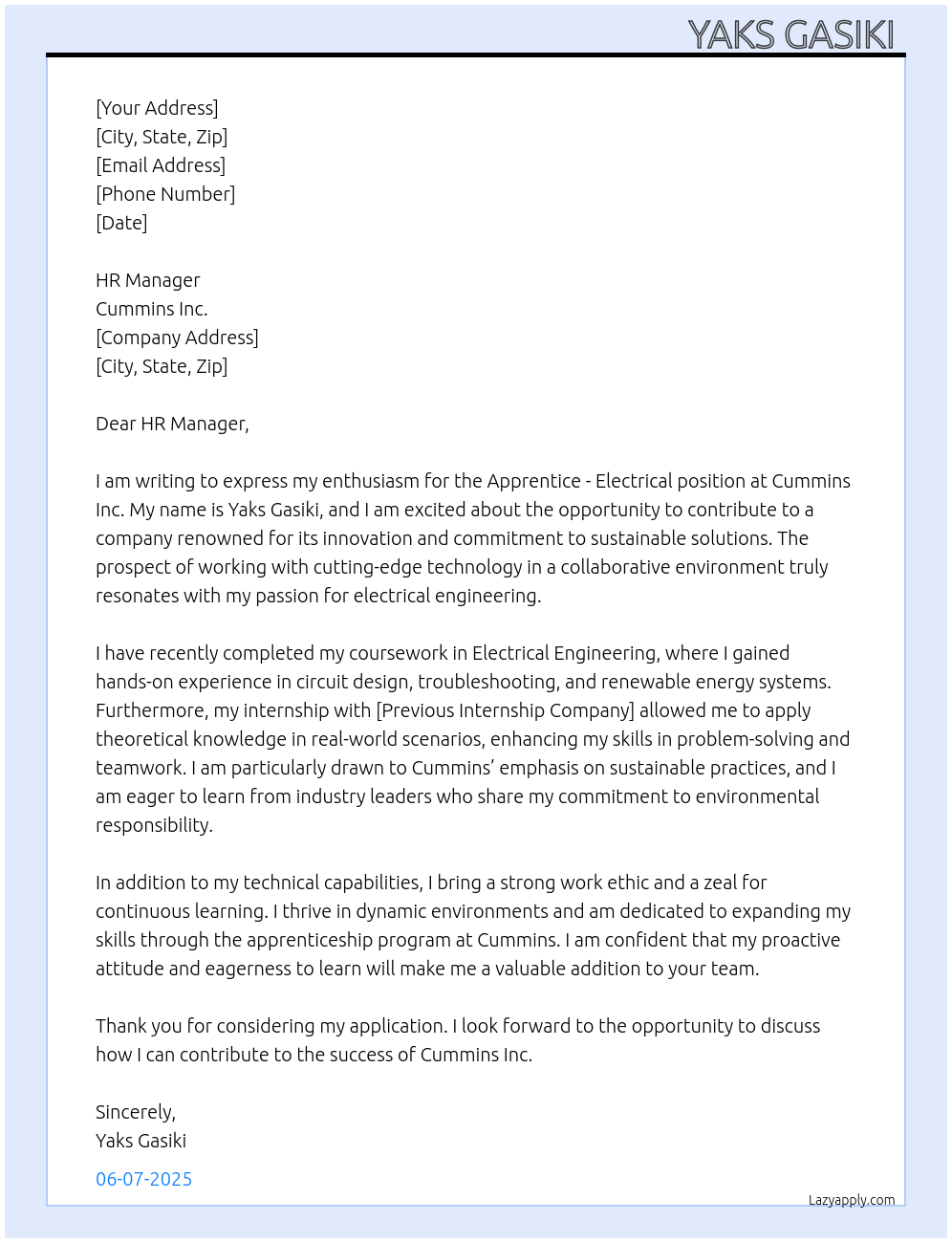 Cover letter for apprentice electrical - LazyApply