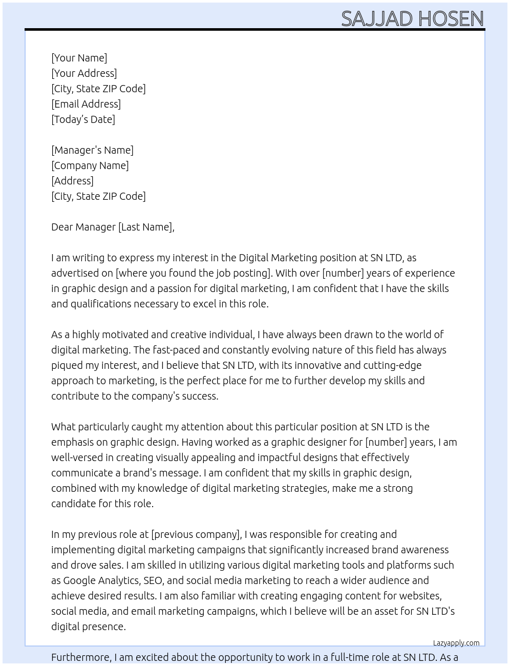 Digital marketing At SN LTD Cover Letter