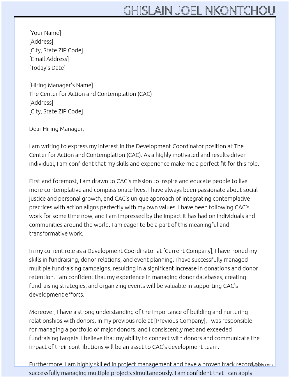 Development Coordinator At The Center for Action and Contemplation (CAC) Cover Letter