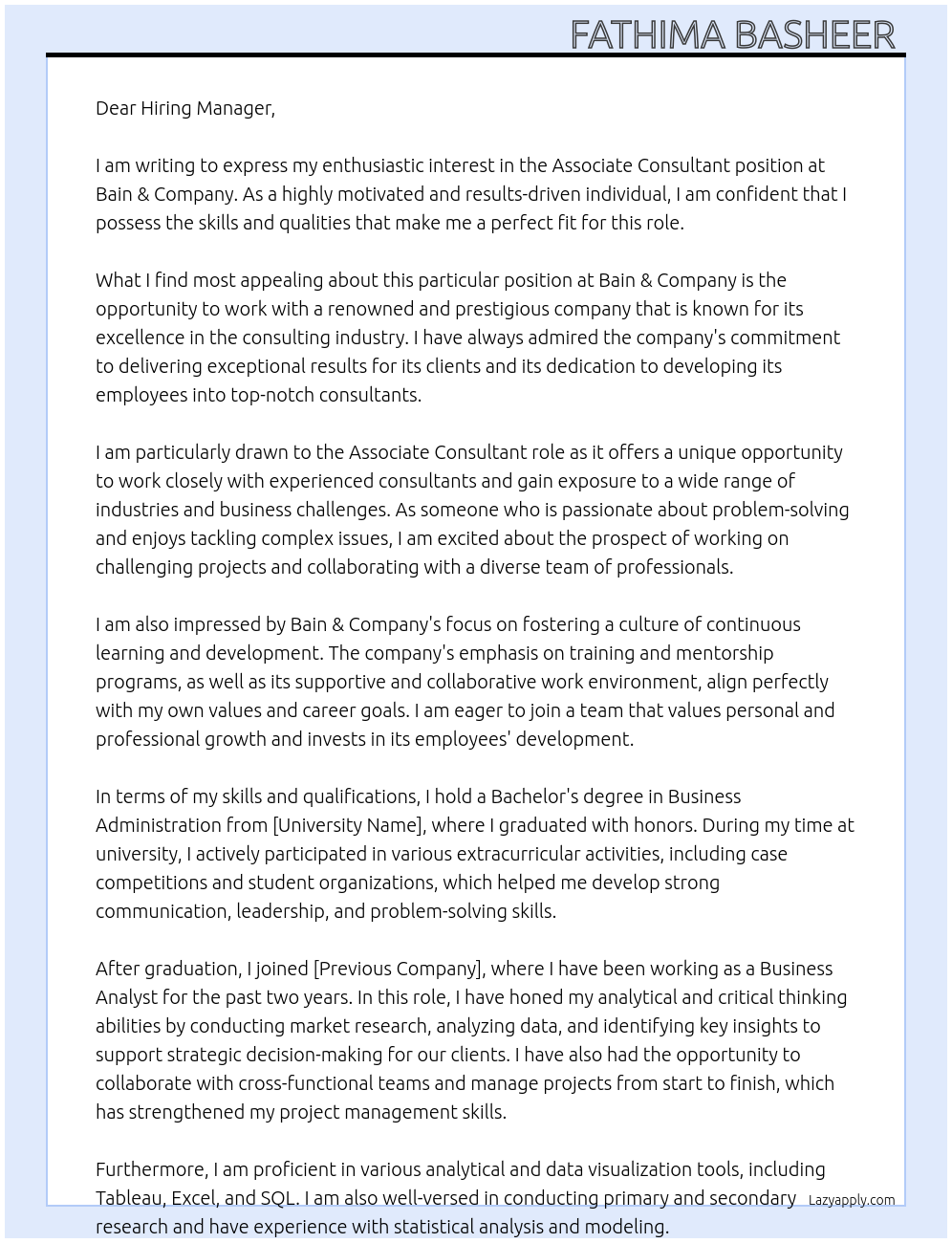 Associate consultant At Bain & Company Cover Letter