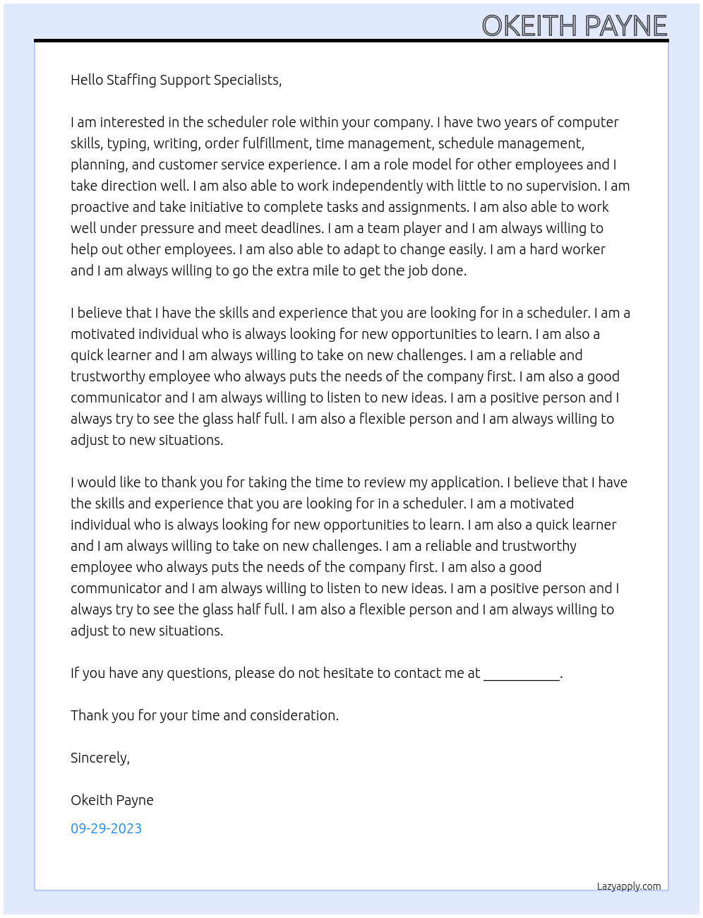 Scheduler At Desired company Cover Letter