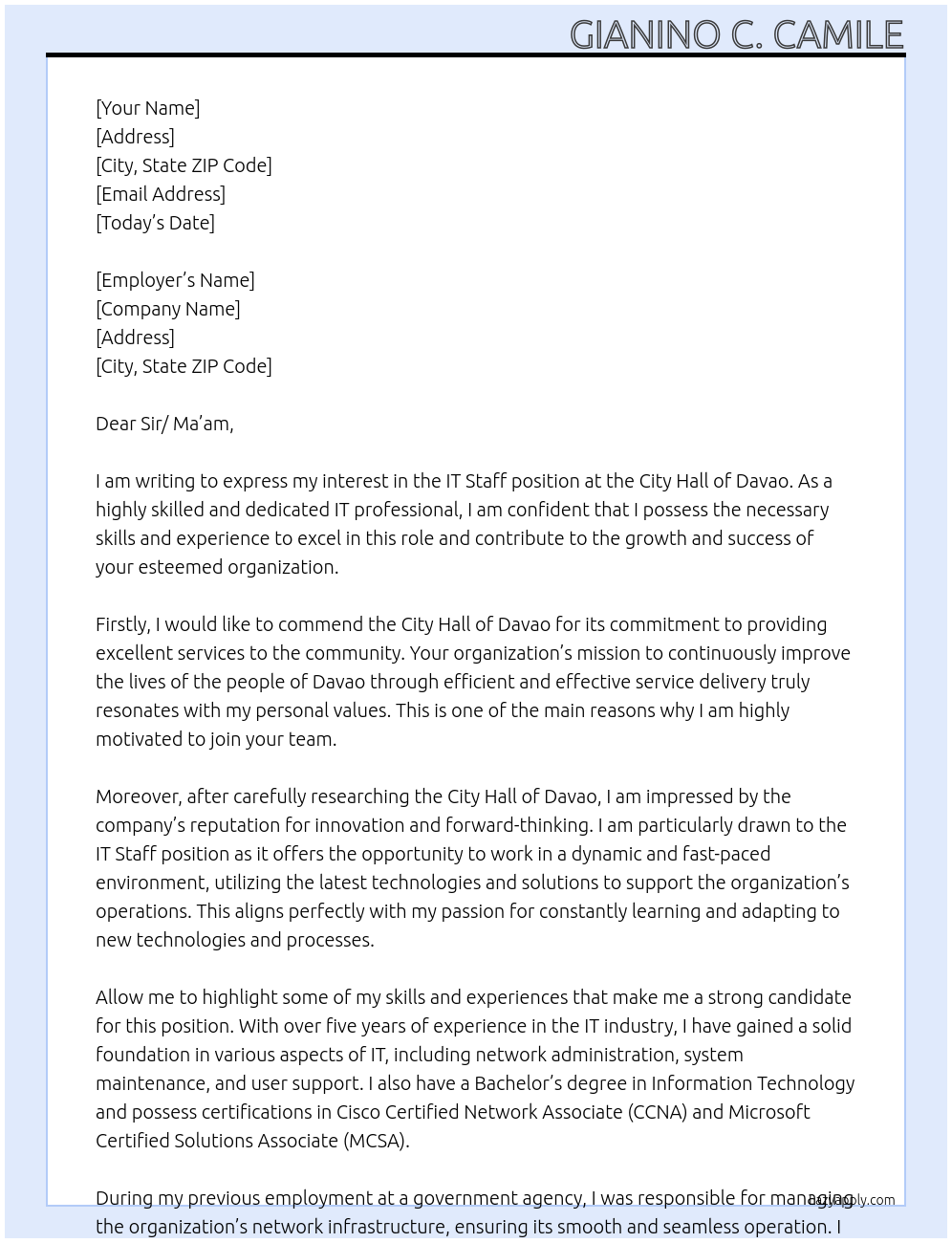 IT Staff At City Hall of Davao Cover Letter