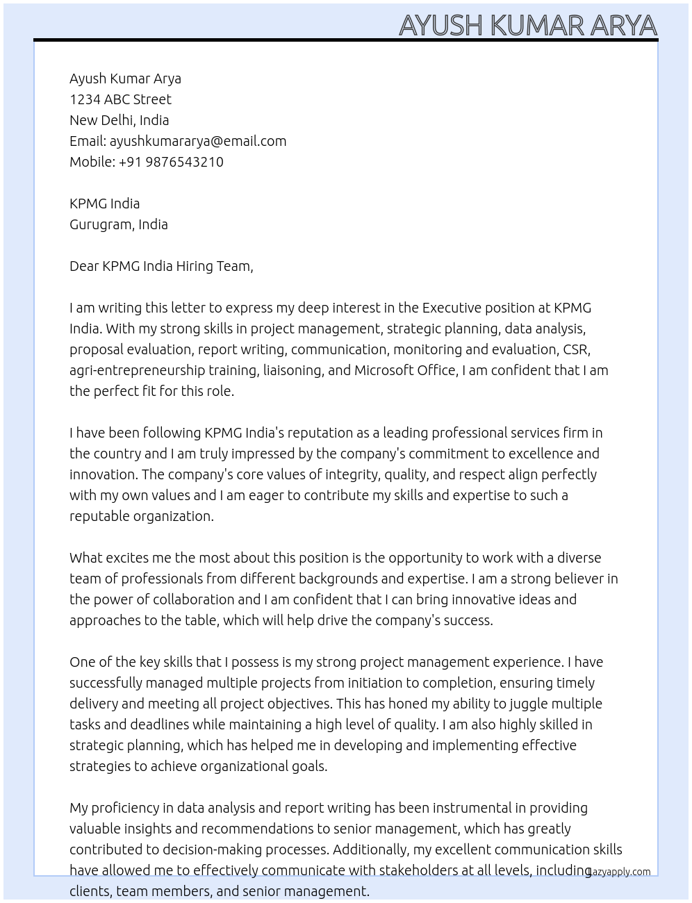 Executive At KPMG India Cover Letter