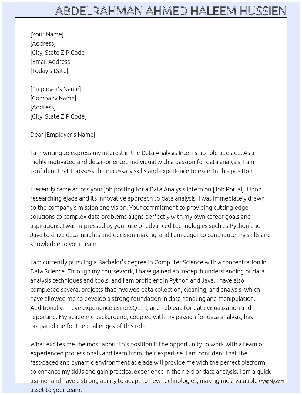 Data analysis At ejada Cover Letter