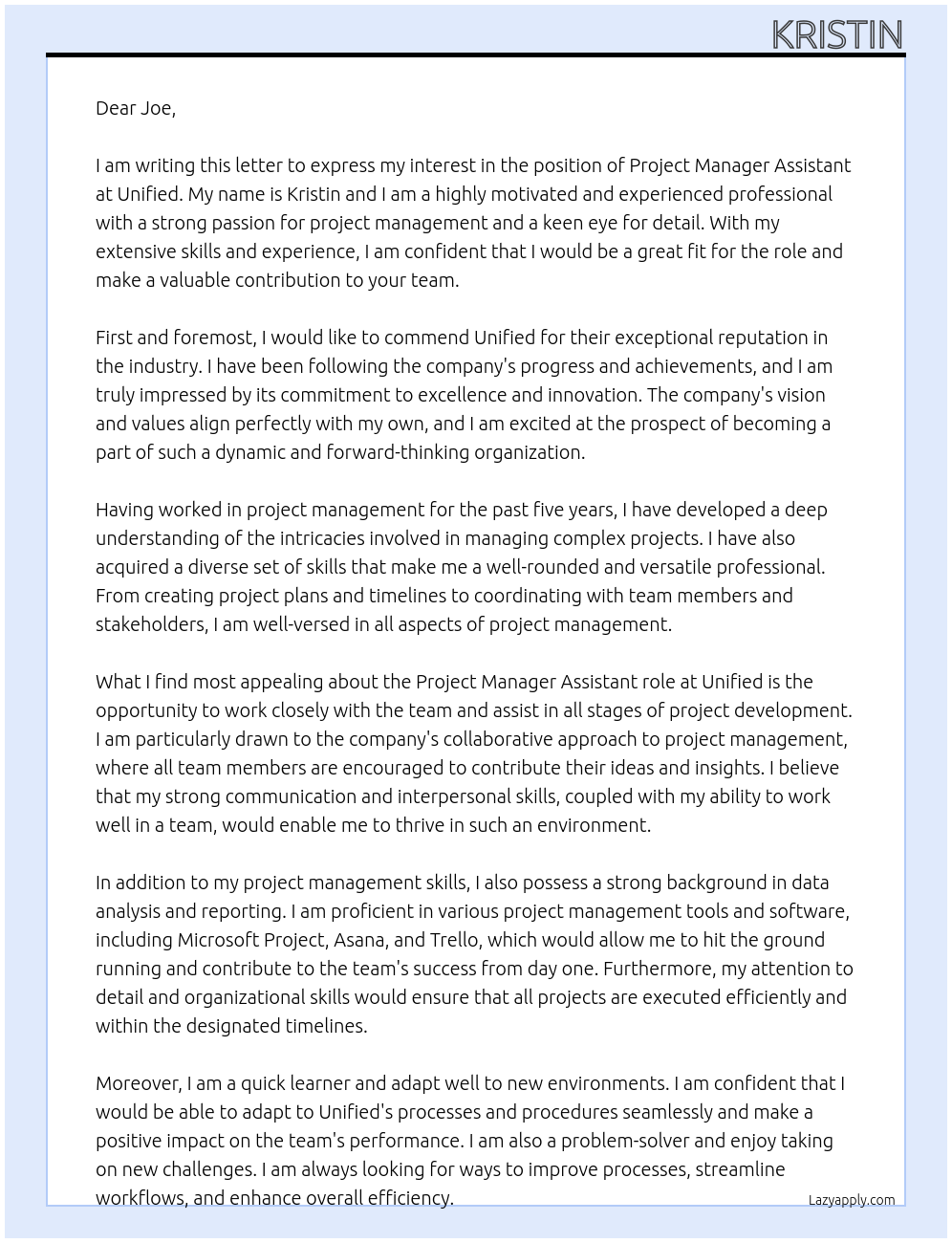 Project Manager Assistant At Unified Cover Letter