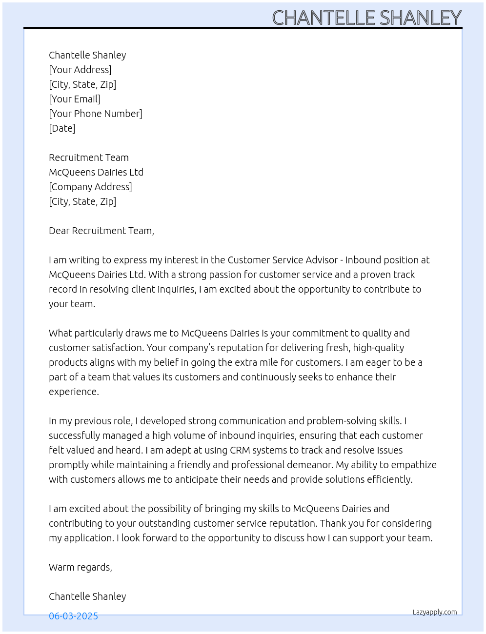 Cover letter for customer service advisor - inbound - head office - LazyApply