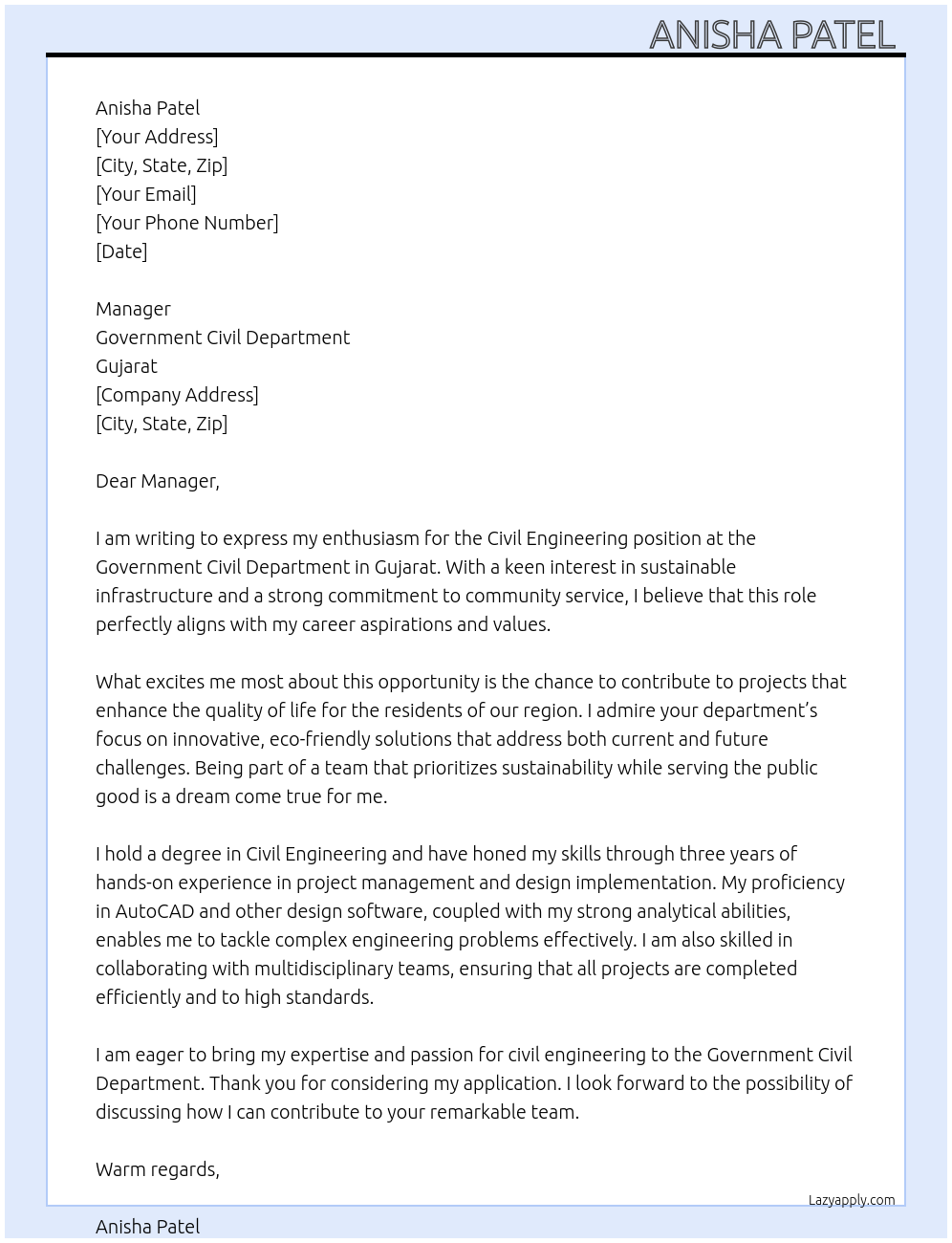 Civil Engineering At Government civil department, Gujrat Cover Letter