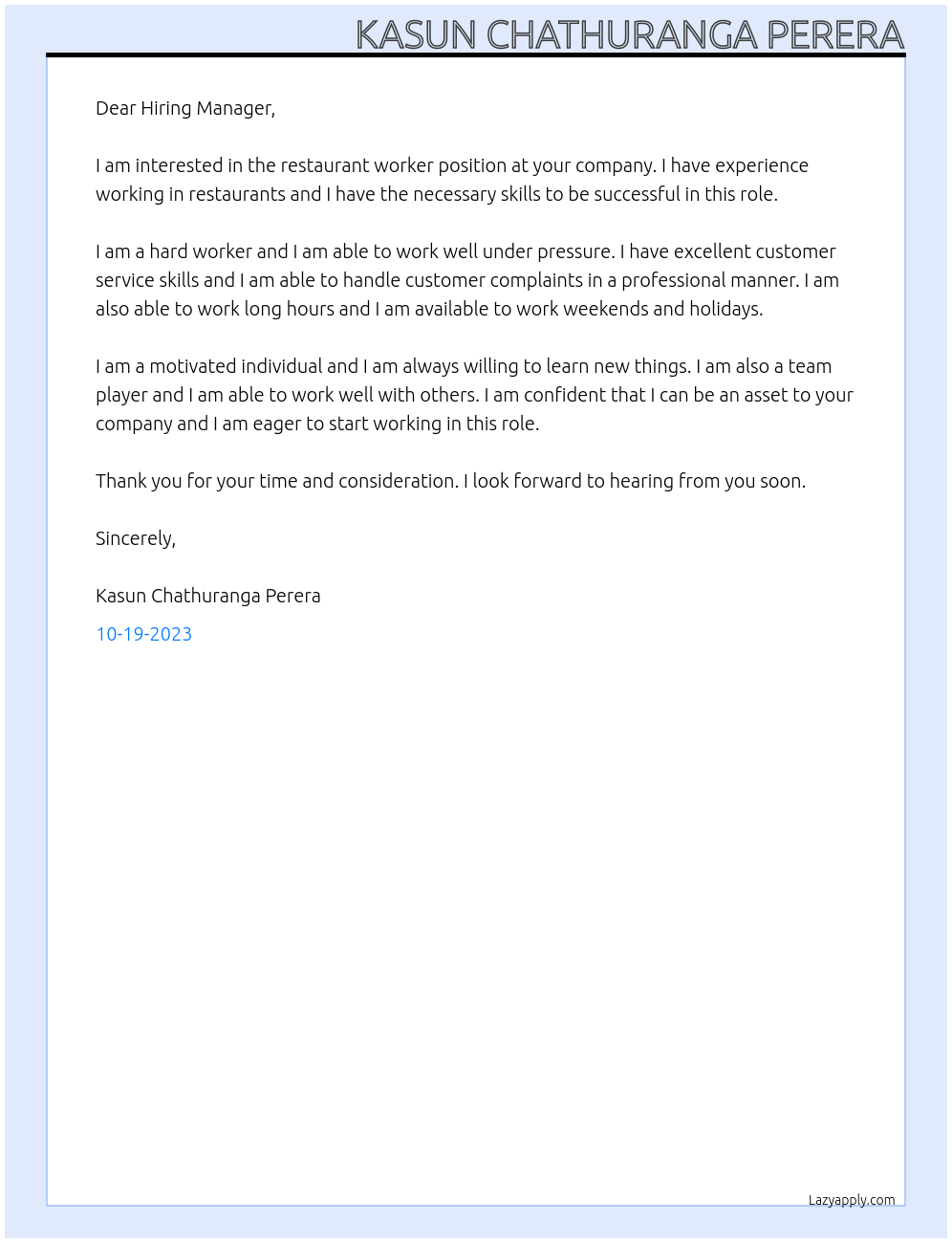 Restaurant Worker At your company Cover Letter