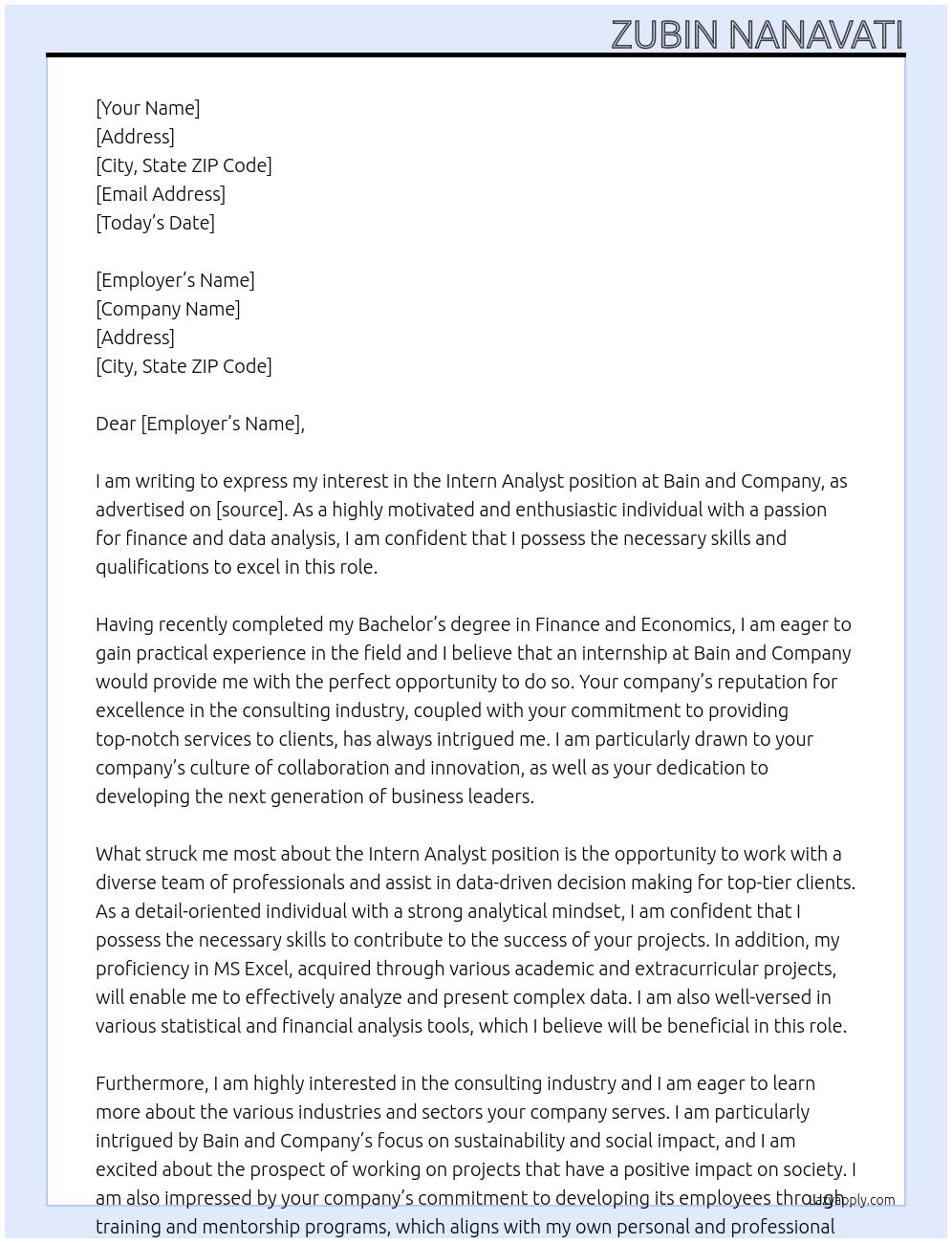 Intern Analyst At Bain and Company  Cover Letter