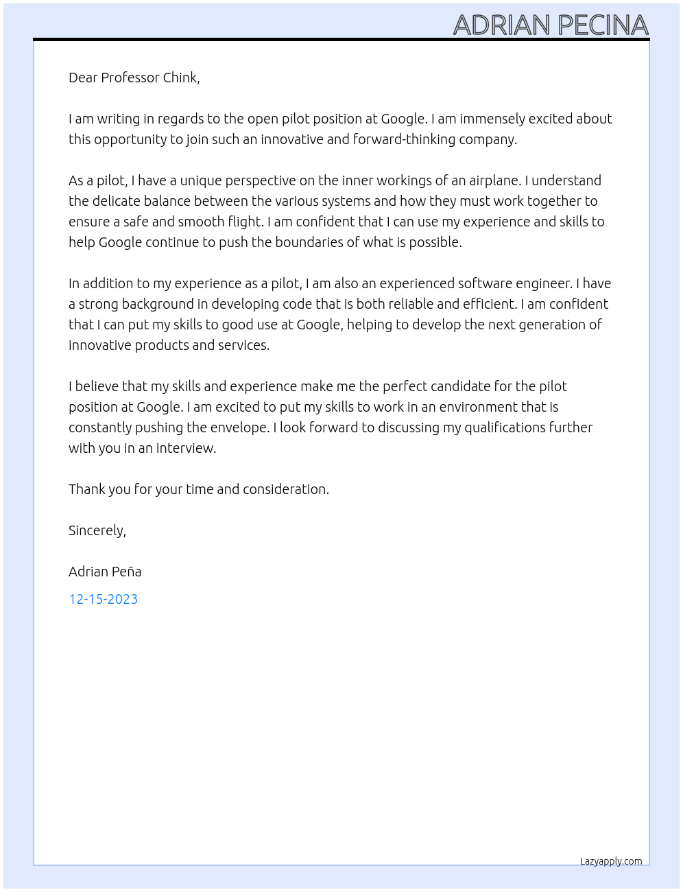 pilot At google Cover Letter