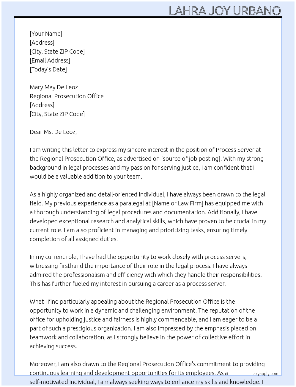 process server At Regional Prosecution Office Cover Letter