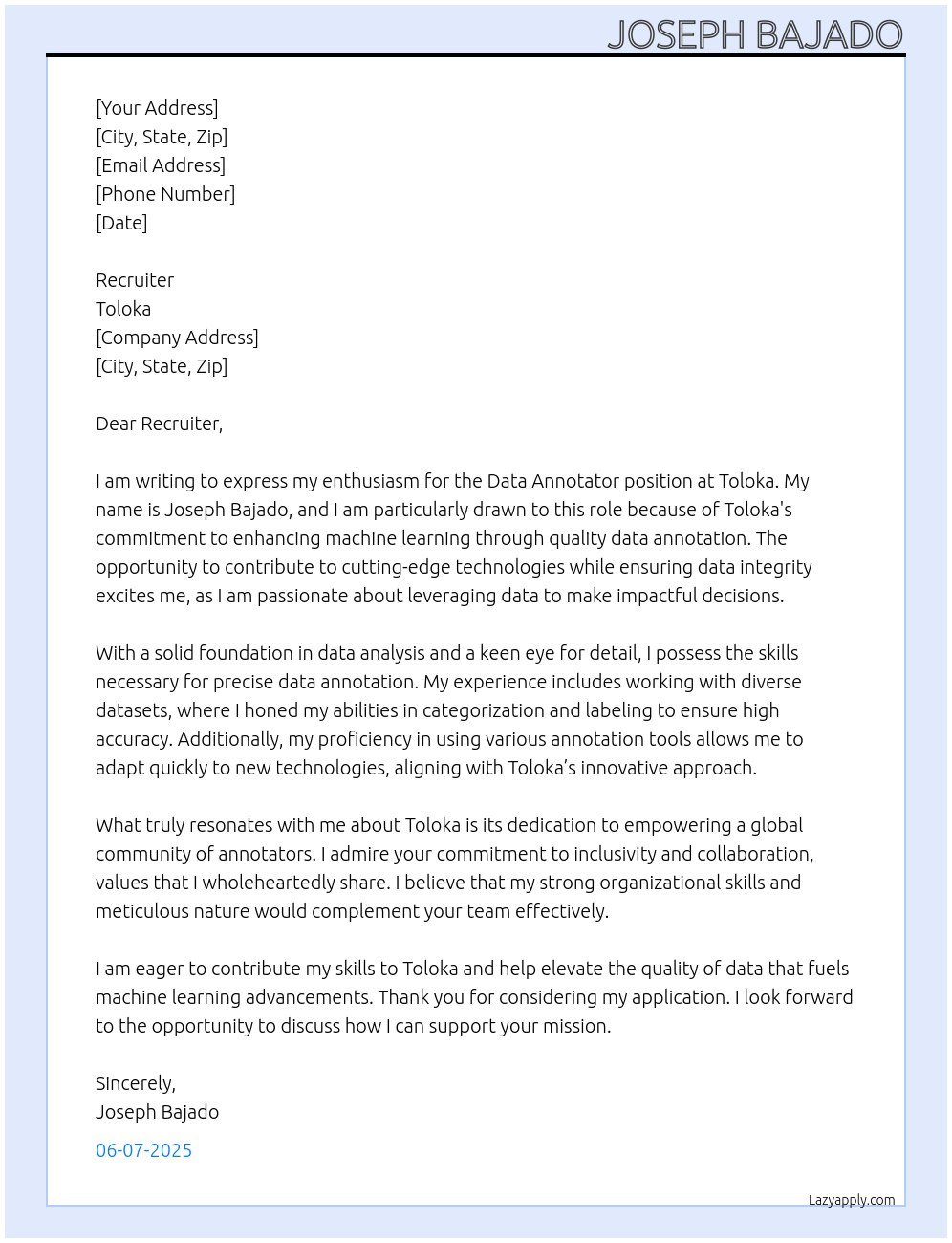 Data Annotator At Toloka Cover Letter
