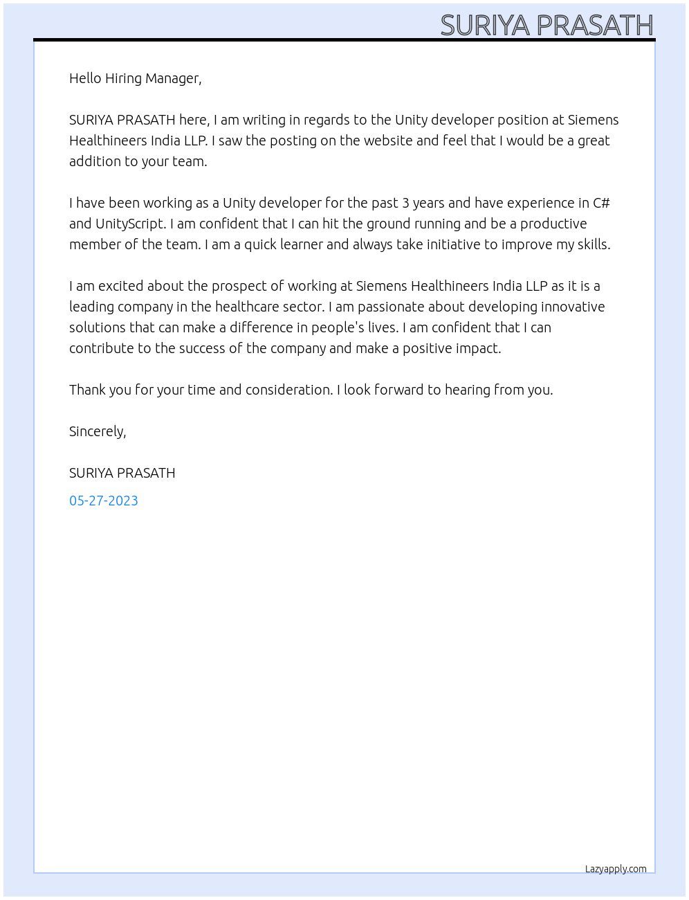 Unity developer At Siemens Healthineers India LLP Cover Letter