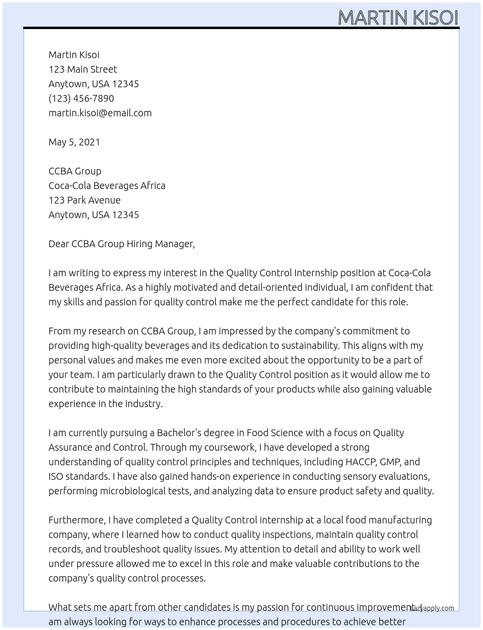 Quality control At Coca-Cola beverages africa Cover Letter