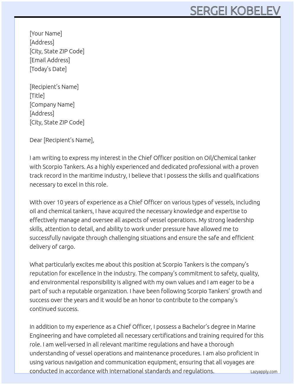 Cover letter for chief officer on oil/ chemical tanker - LazyApply