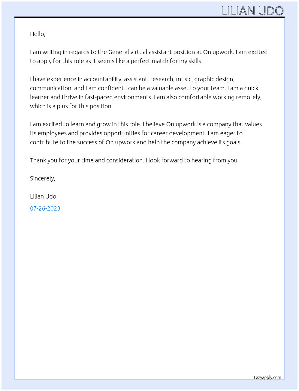 General virtual assistant At On upwork Cover Letter