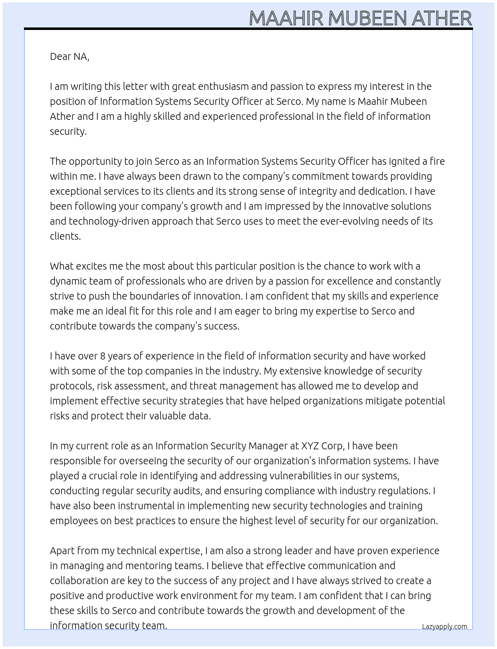 Information Systems Security Officer At serco Cover Letter