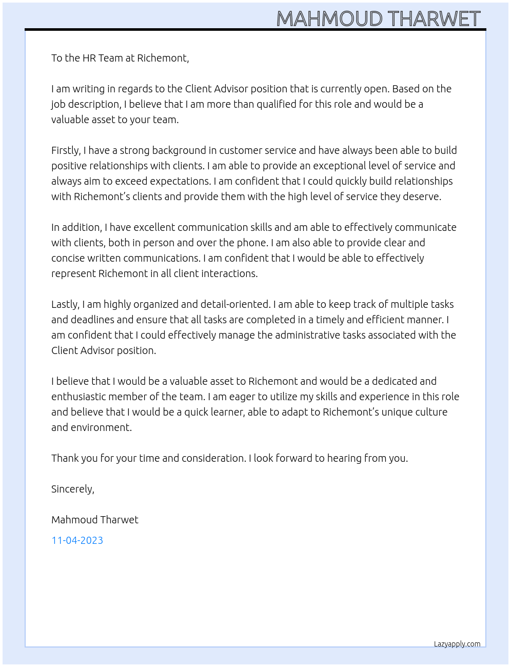 Client Advisor At Richemont Cover Letter